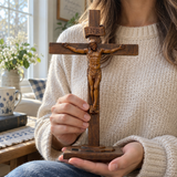 Hand-Carved Beechwood Crucifixion of Jesus Standing Cross – Christian Prayer & Home Altar Decor