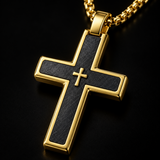 Two-Tone Bevel Edge Carbon Fiber Textured Inlaid Tiny Cross Stainless Steel Necklace