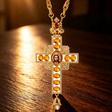 Orthodox Three-Bar Crown Gem Cross Pendant Necklace