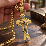 Gold-Plated Copper Crucifix Pendant with Jesus Christ and Religious Figures