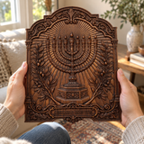 Hand-Carved Beech Wood Menorah & Olive Tree Plaque – Jewish Faith Home Décor