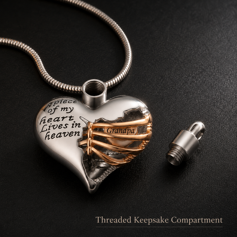 Open threaded keepsake compartment of the memorial heart necklace