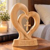 Handcrafted Beechwood Two Hearts One Covenant Cross Sculpture – Christian Wedding & Anniversary Gift