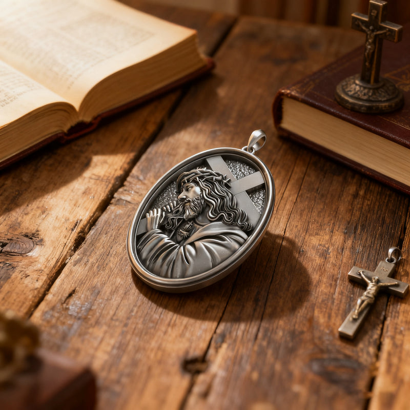 Divine Grace: Jesus Carrying the Cross with Sacred Heart S925 Sterling Silver Pendant Necklace