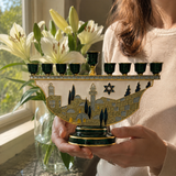 Jerusalem Skyline Hanukkah Menorah – Cloisonné Enamel Judaica Candle Holder