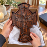 Hand-Carved Beechwood Archangel Michael Wall Cross – Quis Ut Deus Christian Home Decor