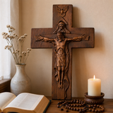 Hand-Carved Beechwood Holy Trinity Crucifix Wall Cross – Christian Home Prayer Decor - craftsmanship detail