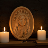 Our Lady in Tears and Prayer with a Nine-Star Halo — Hand-Carved Beechwood Statue