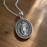 S925K Silver Miracle Medal English Version Inscription Necklace for daily faith wear and Christian gifting