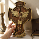 Hand-Carved Beechwood Archangel Michael Wall Cross – Quis Ut Deus Christian Home Decor