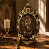 Religious gift with rich details of the wooden statue of Our Lady of Guadalupe