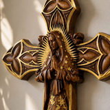 Hand-Carved Beechwood Our Lady of Guadalupe Wall Cross – Catholic Christian Home Décor