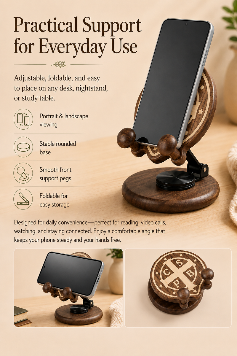 Adjustable Saint Benedict phone stand in daily use