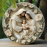 Christian Holy Family Relief Decorative Plaque - 8 Inch / 12 Inch Aluminum Waterproof Religious Wall Art (with Mounting Accessories)