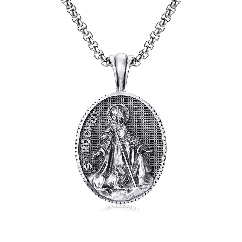 Pure Tin St. Rochus Medallion Necklace，The patron saint of dogs, plagues,bachelors, sick cows, the disabled,  surgeons,pilgrims,   falsely accused people,pharmacists.