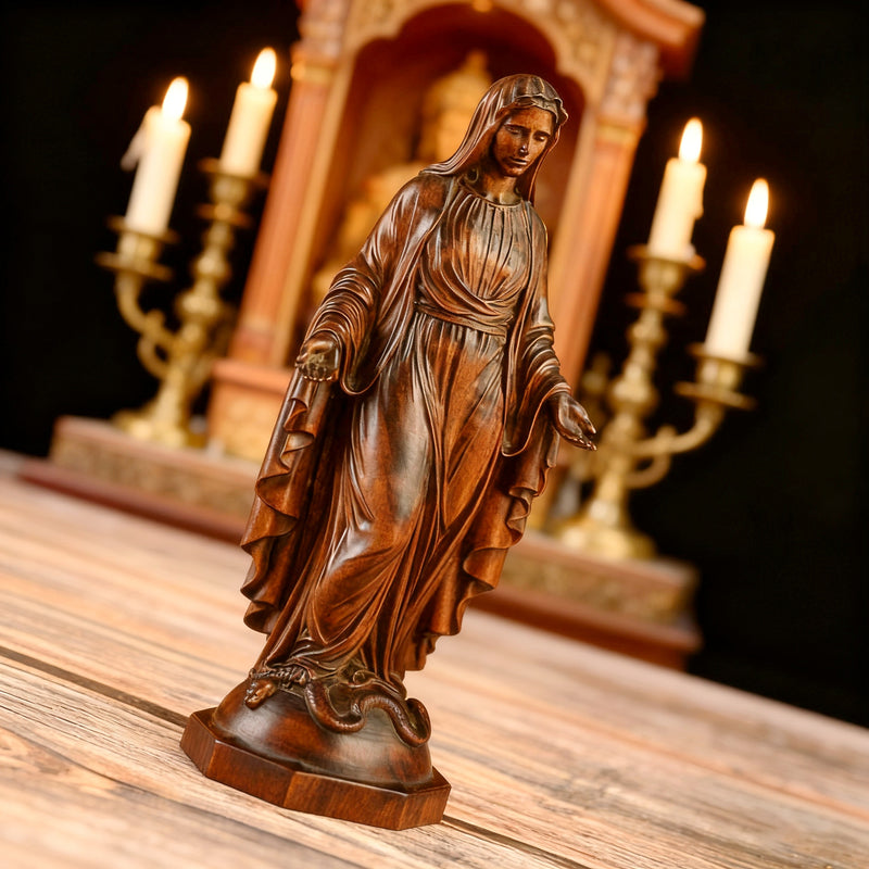Hand Carved Sacred Heart of Jesus Virgin Mary Wooden Tabletop Ornament