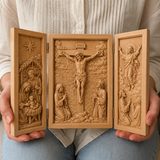 The Life of Christ Hand-Carved Beechwood Triptych – From Nativity to Resurrection Glory - size and finish detail