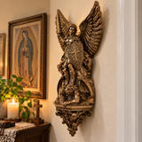 St. Michael the Archangel Battery-Powered Wall Lamp — Antique Bronze Resin Christian Home Decor