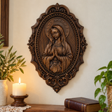 Hand-Carved Virgin Mary Prayer Wall Plaque – Ornate Beechwood Catholic Religious Decor,