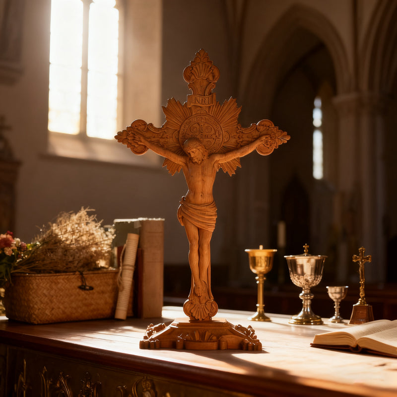 Wood carving of the Cross of the Order of Saint Benedict - with base
