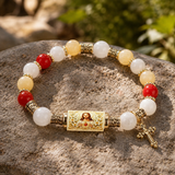 Chalcedony Cross Beaded Bracelet, Vintage Religious Printed Tube Bead Faith Jewelry for Women