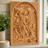 Hand-Carved Archangel Saint Michael Wood Wall Plaque | Catholic Home Decor | Christian Wall Art - side view