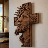 Hand-Carved Beechwood Jesus Crown of Thorns Cross – Christian Wall Art