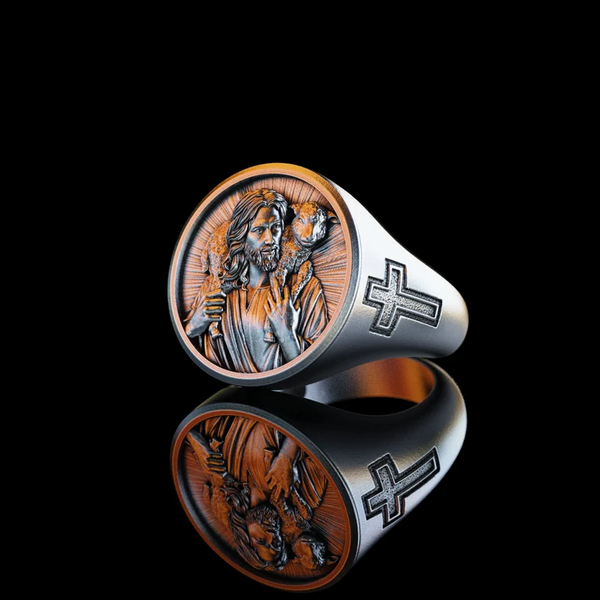 Steel and Titanium Jesus Shepherd Ring