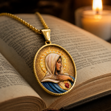 Enamel Immaculate Heart Virgin Mary Oval Gold Stainless Steel Necklace