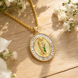 Oval Baguette Cubic Zirconia Saint Jude Medal Necklace, Gold Plated Brass St. Jude Pendant Religious Jewelry