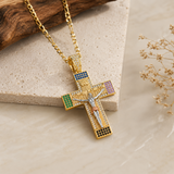 Multicolor Zircon Jesus Crucifix Gold‑Tone Stainless Steel Necklace