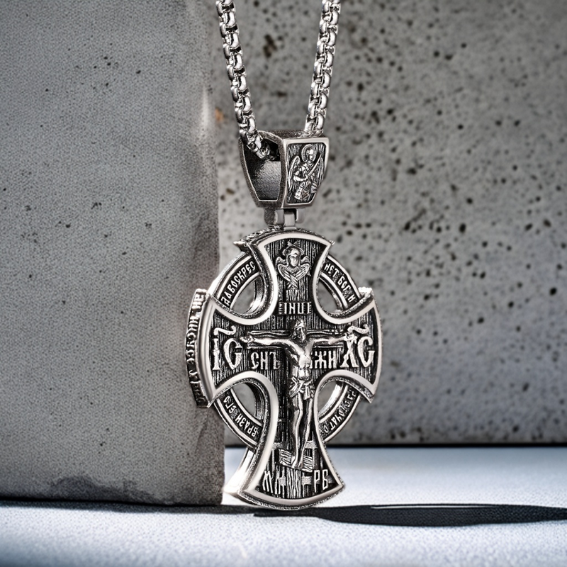Michael Archangel and Crucifixion Front and Back Engraved 925K Sterling Silver Pendant Necklace