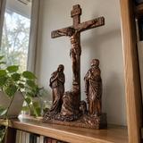 Hand-Carved Ash Wood Calvary Crucifix with Jesus, Mary, St. John & Mary Magdalene
