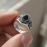 Vintage Gothic Scroll Engraved Marquise Stone Mens Signet Ring