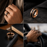 Two-Tone Brushed Titanium Steel Ring, Rose Gold & Black Grooved Wedding Band, 8mm Comfort Fit Mens Promise Ring