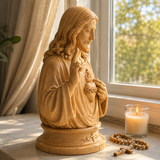Hand-Carved Cypress Wood Sacred Heart of Jesus Statue – Christian Prayer & Home Devotional Decor