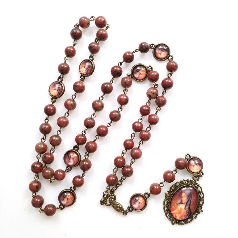 Natural Sesame Stone Beads Vintage Alloy Mary Prayer Beads - BGCOPPER