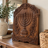 Hand-Carved Beech Wood Menorah & Olive Tree Plaque – Jewish Faith Home Décor