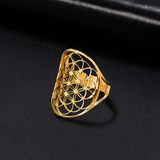 Cutout Flower of Life Mandala Ring for Women Sacred Geometry Ring Statement Stainless Steel Hollowed Out Adjustable Band Ring Jewelry