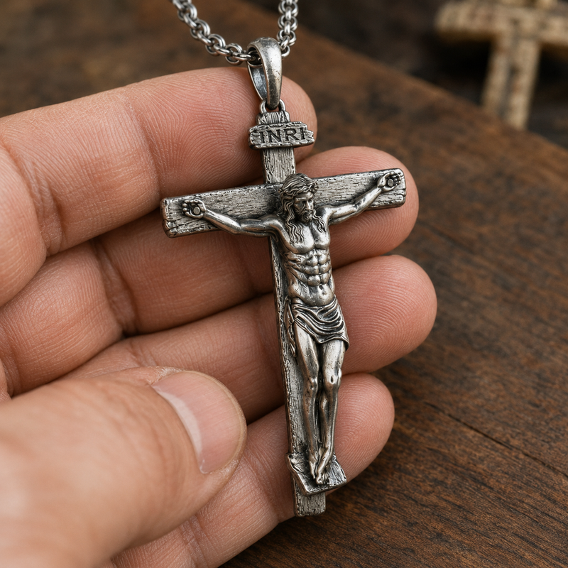 Hand-held crucifix pendant showing Jesus on the cross