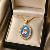 Iced Oval Praying Virgin Mary Portrait Pendant Necklace, 316L Stainless Steel Gold Plated Our Lady Medal Necklace With Rope Chain Religious Jewelry