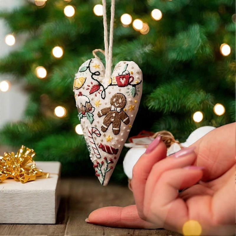 Hand-Embroidered Christmas Heart Ornaments - Reindeer/Gingerbread Man Design for Christmas Tree
