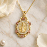 Two‑Tone Rose Virgin Mary Necklace, Vintage Zircon Religious Pendant for Women