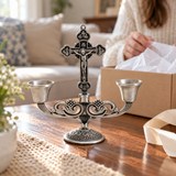 Vintage Jesus Cross Candelabra: Faith Woven into Warm Glow