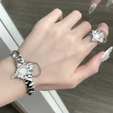 Irregular Pleated Chain Moonstone Skeleton Size Adjustable Bracelet Ring Set