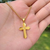 Faceted Eight Point North Star CZ Inlay Stainless Steel Cross Necklace