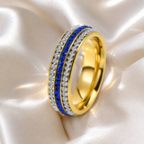 Three Row Blue & White Cubic Zirconia Eternity Ring, 6mm Titanium Steel Full Paved Stackable Band, Elegant Wedding Promise Ring for Women