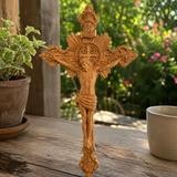 Wood carving of the Cross of the Order of Saint Benedict - with base
