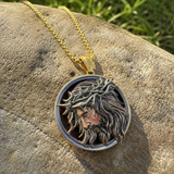 Vintage 3D Enamel Crown of Thorns Jesus Face Medallion Stainless Steel Necklace