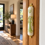 Tree of Life Mezuzah with Shema Scroll – Enamel & Gold-Tone Doorpost Blessing